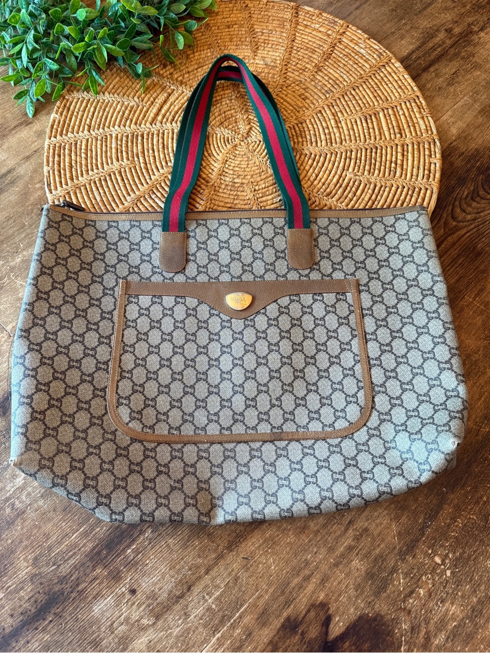 Gucci Plus Sherry Line Large Tote Bag with Green-Red Stripe Handles